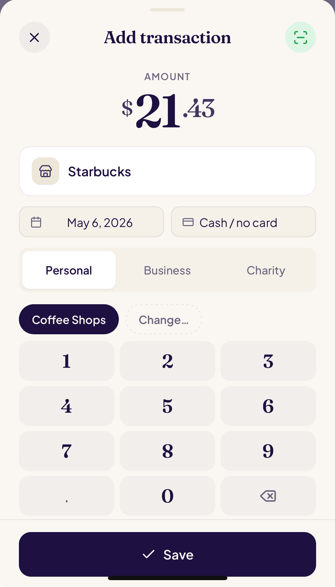 Merq Vault Add Transaction screen showing a $21.43 Starbucks coffee shop transaction being categorized as Personal.